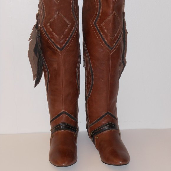 ZIGINY TAN AND BLACK LEATHER KNEE HIGH BOOT LOT SIZE 6.5 MEDIUM - Picture 16 of 16